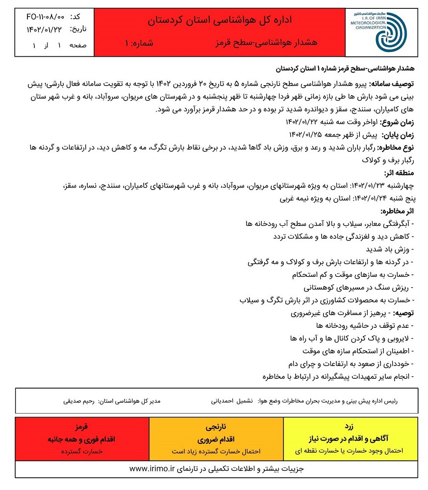 هشدار هواشناسی استان کردستان